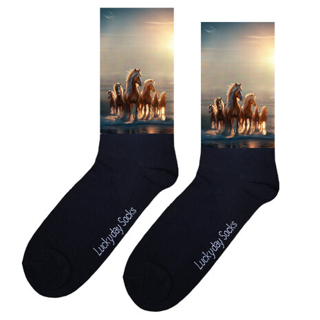 paarden zonsondergang zee sokken