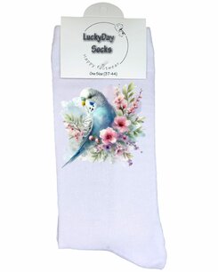 347 Print Parkiet kijkt om blauw pastel