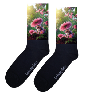 Print 1407 Muisje schuilt onder roze bloem regen