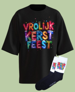 T-shirt Print 1746 Vrolijk kerstfeest multi color lampjes SET