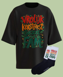 T-shirt Print 1750 Vrolijk kerstfeest rood geel groen fam SET