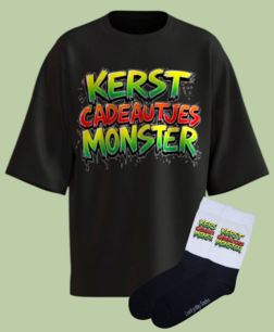 T-shirt Print 1758 Cadeautjes monster graffiti groen rood SET
